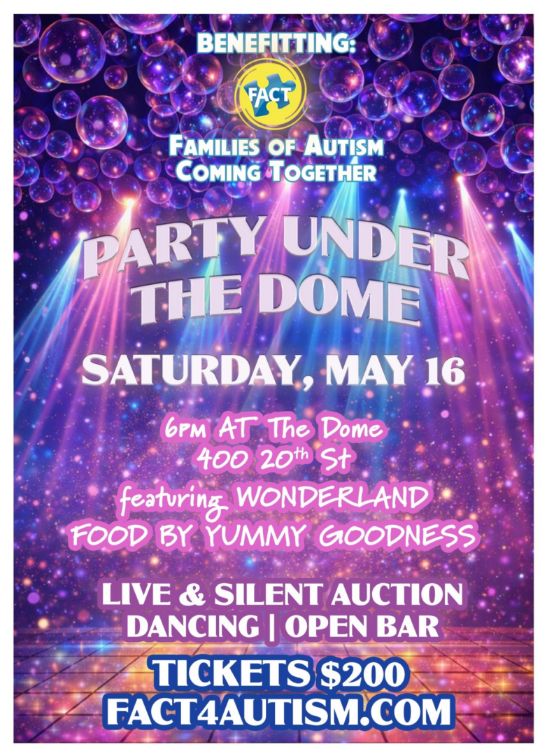 Poster for an autism support event with party details under a vibrant dome.
